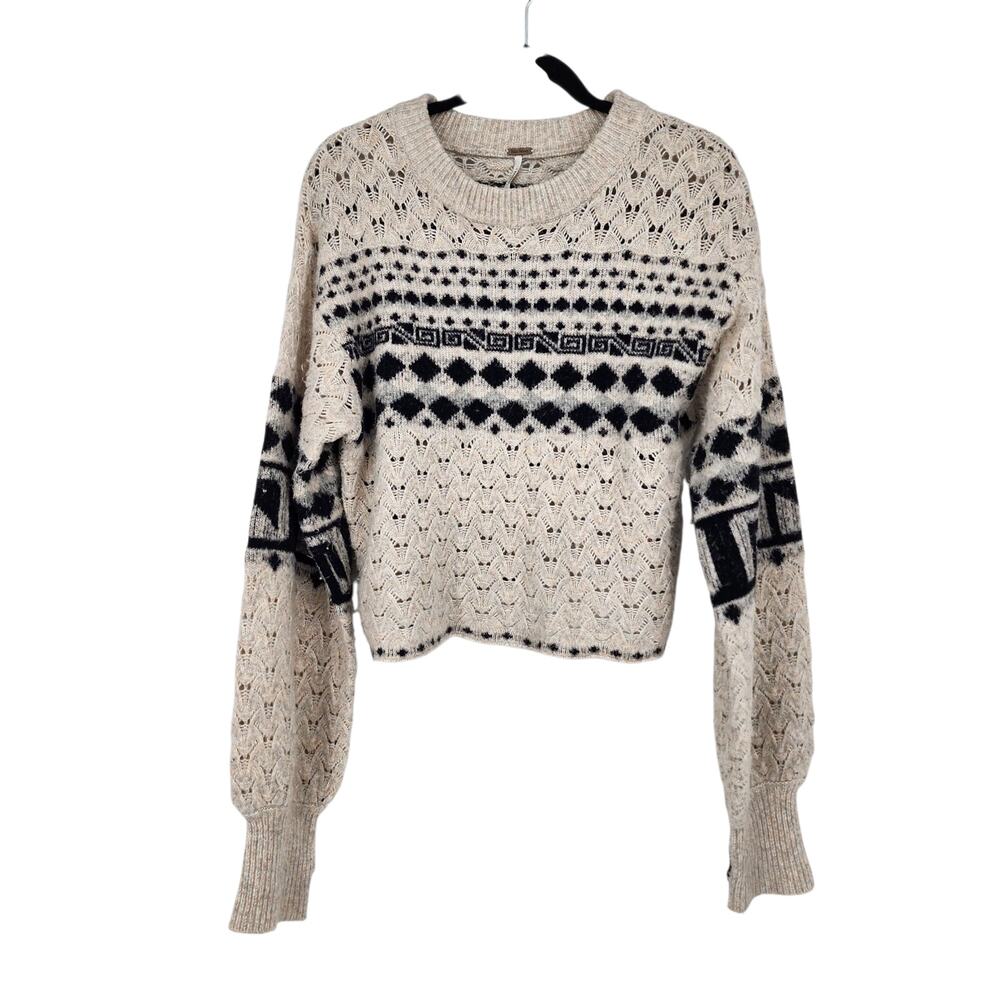 Free People Harriet Cream Fair Isle Alpine Wool Blend Crop Sweater Size Large
